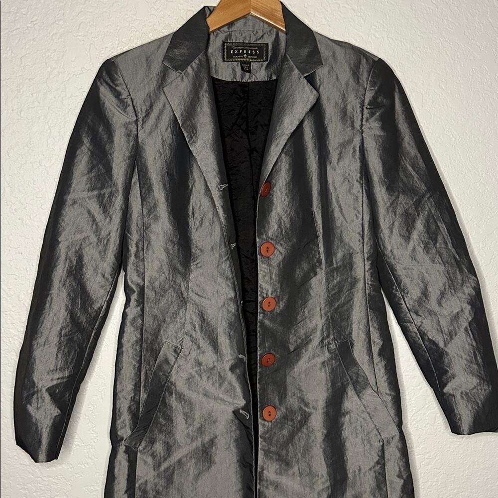 Vintage Express Silver Trench Coat Pockets Nylon Shimmer Y2K Glam Small - Picture 2 of 10